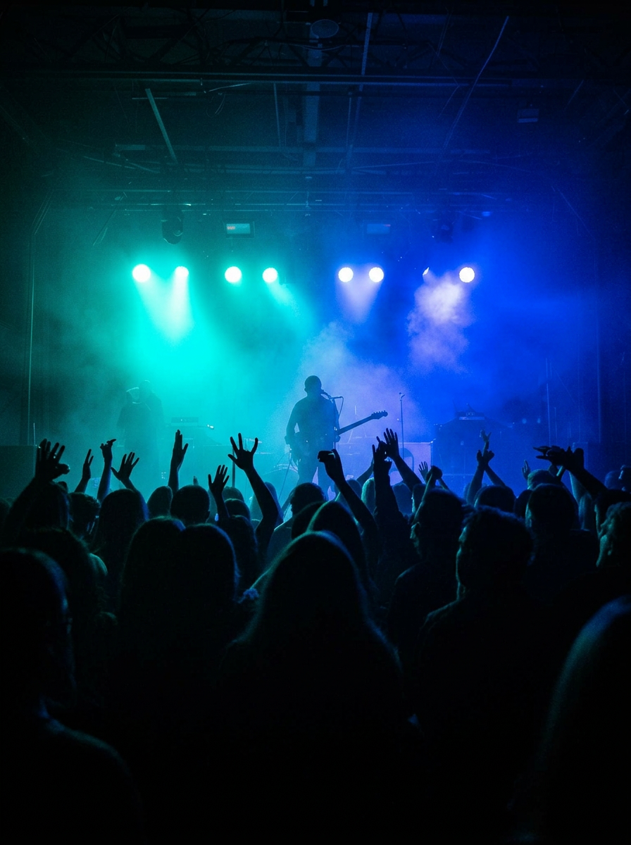 Live concert with neon stage lights and crowd